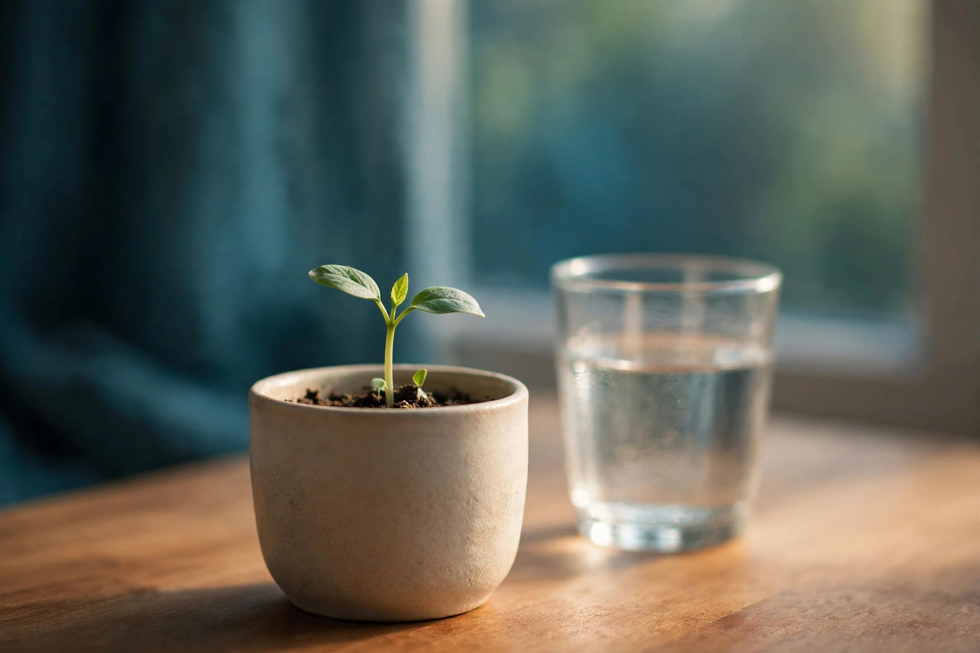 A small seedling growing in a ceramic cup beside a glass of water in soft morning light